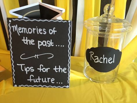 Memory and advice jar Memory Jar Ideas Graduation, Grad Party Advice Jar, Grad Party Memory Jar, Graduation Memory Jar Ideas, Graduation Memory Jar, Party Memory Ideas, Grad Party Advice Ideas, Grad Advice Ideas, Graduation Advice Ideas