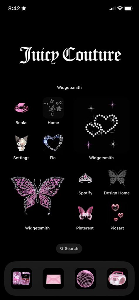 Wallpaper Iphone Widgetsmith Ideas, Juicy Couture Widgets, Girly Iphone Layout, Y2k Ipad Layout, 2000s Iphone Layout, Black And Pink Homescreen Layout, Widgetsmith Layout, Y2k Ios Layout, Y2k Home Screen