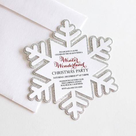 This snowflake save the date is perfect for a winter wedding or Winter Wonderland invitation. The silver glitter invite also serves as an elegant choice for a corporate holiday party or company christmas party invitation. Printed on White Metallic Cardstock, die cut in Snowflake shape with Silver Glitter border. White metallic envelopes. *Colors can be customized. I N C L U D E S - Size about 5.5" X 6" Snowflake die cut shape - Printed Invitation on White metallic card stock with Silver glitter Company Christmas Party Invitations, Office Xmas Party, Winter Wonderland Christmas Party, White Christmas Party, Winter Wonderland Invitations, Snowflake Invitations, Christmas Party Invite, Wonderland Invitation, Snowflake Party