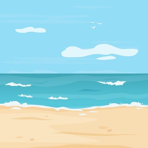 Beach Background Illustration, Beach Background Drawing, Beach Cartoon Background, Beach Animation, Animated Beach, Sea Cartoon, Cartoon Beach, Ocean Clouds, Beach Vector