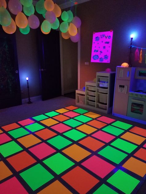 Glow Party Dance Floor, Diy Disco Floor, Glow Dance Floor, Halloween Dance Floor, Diy Disco Dance Floor, Neon Dance Floor, 8th Grade Dance Themes, Diy Dance Floor, Dance Floor Diy