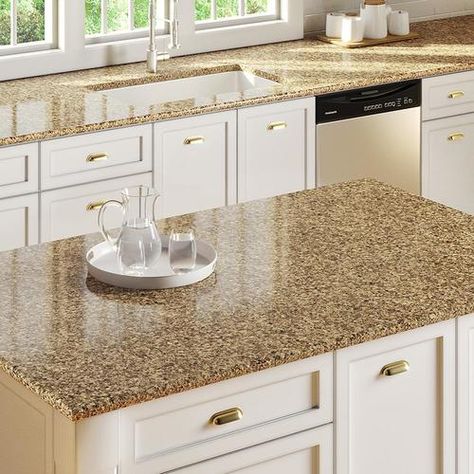 Decorating Kitchen Countertops, Countertop Samples, Brown Granite Countertops, Antique White Cabinets, Antique White Kitchen Cabinets, Antique White Kitchen, Quartz Kitchen Countertops, Countertop Colours, Kitchen Diy Makeover