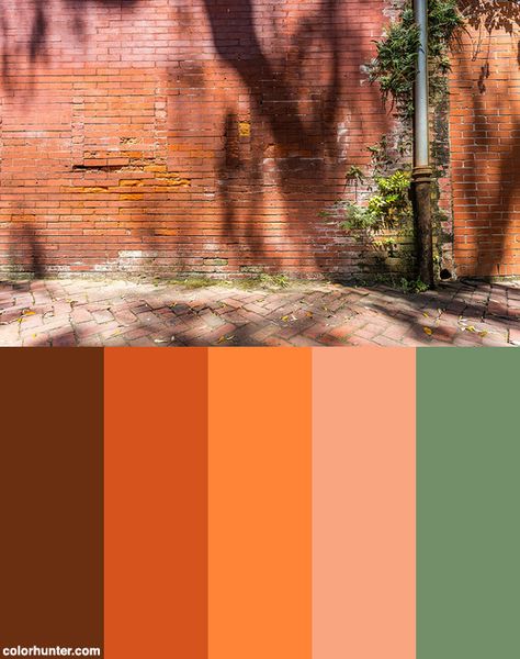 An Old Brick Wall Color Scheme from colorhunter.com Brick Orange Color Palette, Brick Complementary Colors, Brick Wall Color Palette, Red Brick Colour Palette, Brick Red Colour Palette, Color Palette Brick Red, Brick Colour Palette, Brick Wall Color Ideas, Red Brick Color Palette