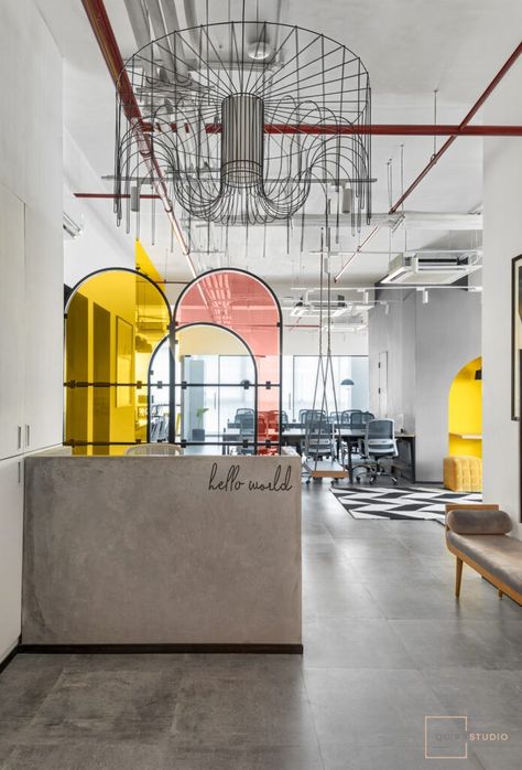 Industrial Interior Theme with Balanced Color Pops : The Expand Loft | Quirk Studio - The Architects Diary Industrial Reception, Reception Area Design, Office Reception Design, Small Seating Area, Open Space Office, Aesthetic Space, Vitrified Tiles, Event Management Company, Black And White Artwork