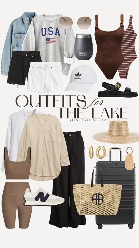 Lake House Aesthetic Outfit, Lake Outfit Aesthetic, Lake Style Outfit, Lake Weekend Outfit, Lake Vacation Outfits, Cottage Outfits, Weekend Trip Outfits, Lake Outfit Summer, Curvy Winter Outfits