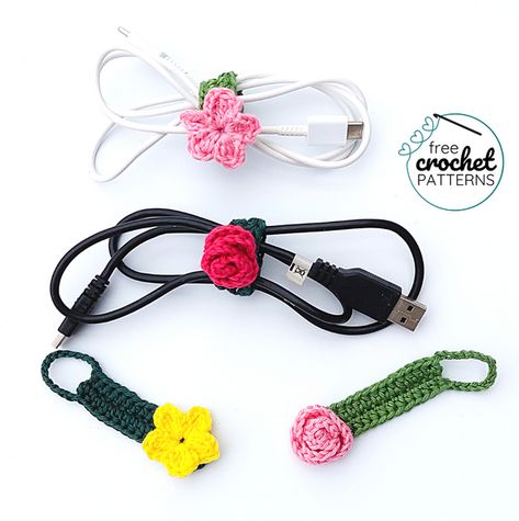 Flower Cable Organizer Free Crochet Pattern Crochet Phone Charger Holder, Crochet Charger Organizer, Crocheted Cord Holder, Crochet Cord Holder Free Pattern, Crochet Cable Organizer Pattern, Crochet Cord Keeper Pattern Free, Crochet Cable Tie Pattern, Crochet Cord Keeper, Crochet Charger Holder