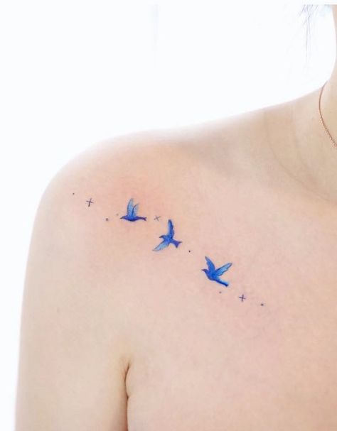 Smal birds tattoo on the shoulder by @vane.tattoo_ Small Bird Tattoos For Women Shoulder, Tiny Tattoos Bird, Bird By Bird Tattoo, Wrist Tattoos For Women Birds, Birds And Stars Tattoo, Heart Bird Tattoo, Cinderella Bird Tattoo, Fine Line Blue Bird Tattoo, Watercolor Birds Tattoo
