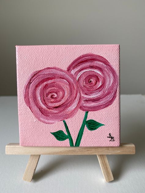 "\"Tourmaline Bloom\" Original oil painting on 3x3 inch canvas.  This painting comes with a mini easel which lets you display it on a desk, table, windowsill, or wherever you choose to place it! Shipping is free!" Nature, Croquis, Cute Easy Paintings, Pink Canvas Art, Mini Oil Painting, Mini Easel, Canvas Art Projects, Diy Abstract Canvas Art, Folk Art Flowers