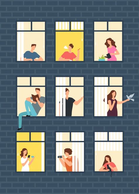 Neighbors cartoon people in apartment ho... | Premium Vector #Freepik #vector #people #city #house #building People In Windows Illustration, People Building Illustration, Neighbor Illustration, People In Windows, Neighborhood Illustration, Apartment Illustration, Womens Illustration, Windows Illustration, House Illustration Vector