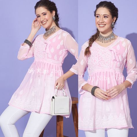 Chikankari Outfits, Short Kurti Designs, Pink Kurti, Angrakha Kurta, Kurti Top, Georgette Kurti, Kurta Top, Kurti Style, Angrakha Style