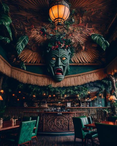 Jungle Tiki Bar, Zen Bar Design, Classy Tiki Bar, Dark Tiki Aesthetic, Tropical Gothic Aesthetic, Garden Tiki Bar, Tiki Bar Design, Tiki Aesthetic, Tiki Bar Ideas