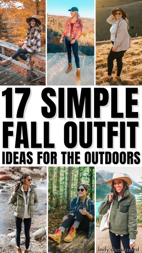 17 Simple Fall Outfit Ideas for The Outdoors What To Wear On A Hike Winter, Women In 30s Outfits, Fall Hiking Capsule Wardrobe, Fall Outfits For Outdoors, Fall Hiking Outfits For Women Casual, Cute Outdoorsy Outfits Fall, Walking Date Outfit Fall, Cute Walking Outfits Fall, Outdoor Walking Outfit