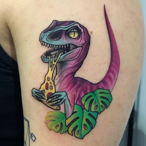 @pink.madzilla on Instagram: “a tiny pizza eater 🍕💕🦖 you have to forgive me for my last absence, something has happened recently in my life. but now I'm going straight…” Pop Culture Tattoos, Jurassic Park Tattoo, Jurassic Park Raptor, Culture Tattoos, Nerdy Tattoos, Dinosaur Tattoos, Kidcore Aesthetic, Dragon Rise, Tattoo Stencil Outline