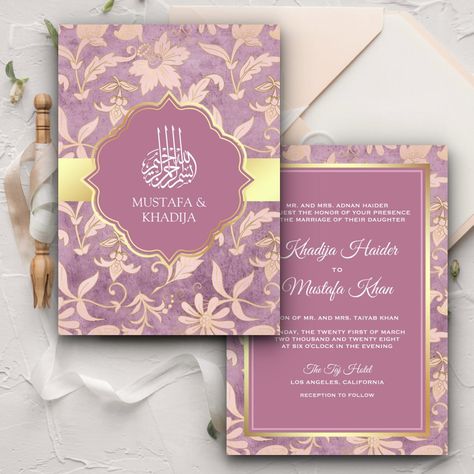 Amaze your guests with this elegant wedding invite featuring faux gold foil accents and beautiful floral pattern with 'Bismillah' in Arabic calligraphy. Simply add your event details on this easy-to-use template to make it a one-of-a-kind invitation. Shabby Chic Lavender, Shadi Card, Muslim Wedding Cards, Simple Wedding Cards, Marriage Invitation Card, Muslim Wedding Invitations, Unique Wedding Cards, Digital Invitations Wedding, Wedding Dance Video