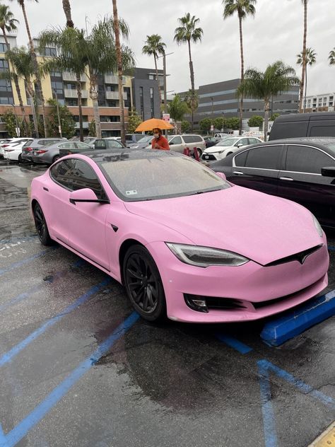 pink tesla rainy day in Irvine Tesla Model 3 Wrap Pink, Pink Wrapped Tesla, Pink Tesla Car Aesthetic, Tesla Pink Car, Pink Tesla Aesthetic, Pink Tesla Car, Cute Tesla, Pink Porche, Cute Cars For Teens