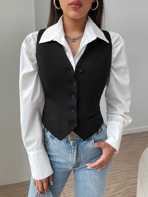 Black Elegant Collar Sleeveless Fabric Plain Vest Embellished Slight Stretch  Women Suits Blazer Without Shirt, Suit Vest Outfits For Women Casual, Women Waistcoat Outfit, Black Waistcoat Outfit Women, Blazer Vest Outfits For Women, Vintage Vest Outfit, Black Waistcoat Outfit, Suit Vest Outfits For Women, Waistcoat Outfit Women