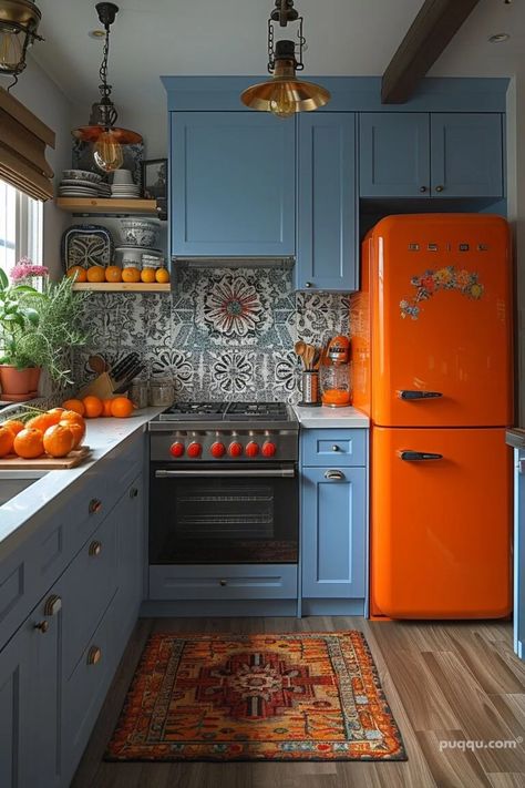 Kitschy Kitchen Aesthetic: Transforming Your Space with Playful Vibes - Puqqu Aesthetic Home Color, Small Bright Kitchen Ideas, Granola House Aesthetic, Early 1900's Homes Interiors, Orange And Blue Kitchen, Colorful Houses Interior, Green And Blue Kitchen, Colorful Boho Kitchen, Practical Interior Design
