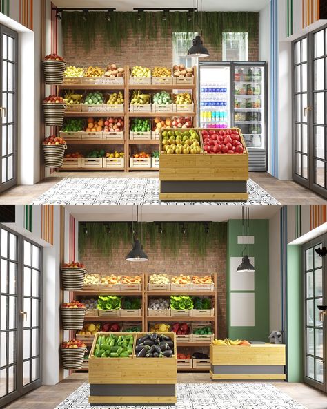 Grocery Shop Design Interiors, Fruit Shop Interior Design, Small Fruit Shop Design, Fruit And Veg Shop Design, Fruit Store Design, Vegetable Shop Design, Fruit Shop Design Ideas, Small Grocery Store Design Layout, Vegetable Shop Design Ideas