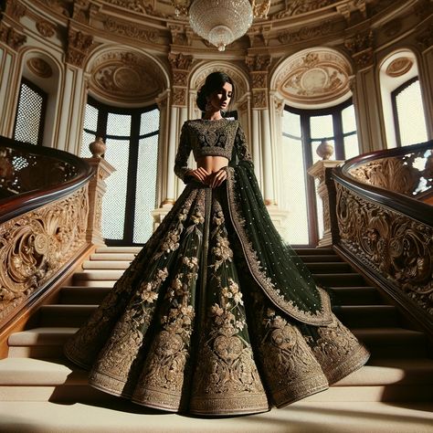 Discover the Beauty of a Dark Green Bridal Lehenga for Your Wedding (2) Mehndi Colour Lehnga, Pakistani Bridal Wear Green, Dark Coloured Lehengas, Dark Green Reception Dress, Emerald Green Lehenga Bridal, Punjabi Lehenga Wedding, Wedding Lehengas Bridal Pakistani, Desi Reception Outfit, Emerald Green Bridal Lehenga