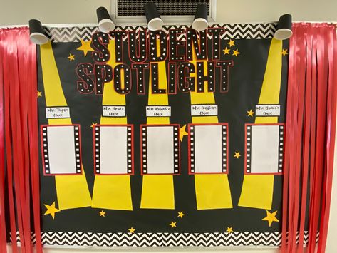 Awards Bulletin Board Ideas, In The Spotlight Bulletin Board, Spotlight Student Bulletin Boards, Student Spotlight Ideas, Students Of The Month Bulletin Board, Movie Theater Bulletin Board, Spotlight Bulletin Board Ideas, Theater Bulletin Board Ideas, Student Of The Month Bulletin Board Ideas