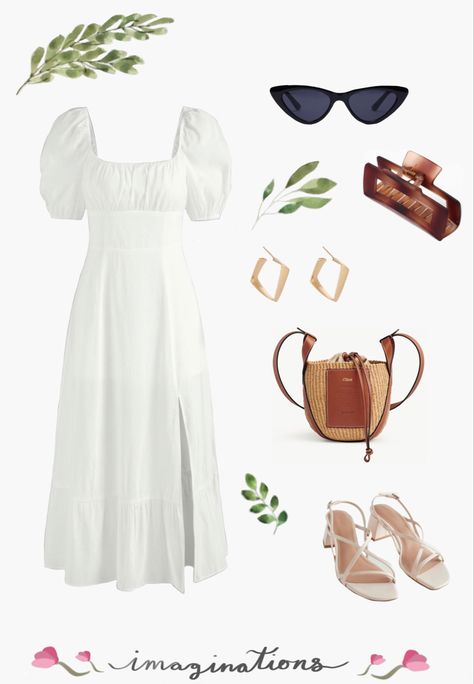 White Dress With Bag, Outfit Ideas With White Dress, Simple White Flowy Dress, Plain White Dress Casual, Flowy Clothes Aesthetic, Flowy White Dress Aesthetic, How To Style A White Dress, Casual White Dress Outfit, White Dress Styling