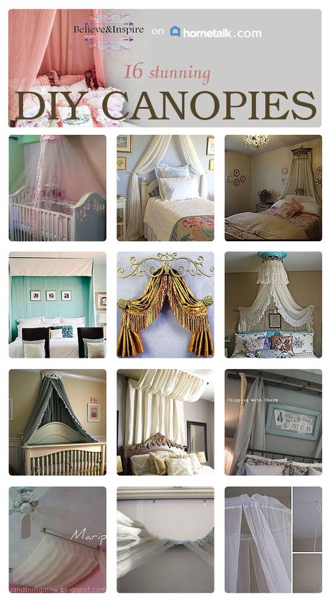 16 DIY Canopies To Make. So many different ideas to make a canopy. This post is a must to check out for a canopy lover. Bed Crown, Princess Bedroom, Diy Canopy, Princess Room, Bed Canopy, Big Girl Rooms, Beautiful Bedrooms, My New Room