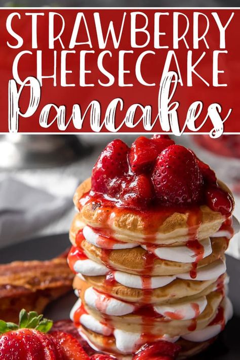 Why not have breakfast and dessert on one plate with a batch of these Strawberry Cheesecake Pancakes! Fluffy cream cheese-stuffed pancakes, whipped cream, and homemade strawberry sauce - they totally blow any restaurant version out of the water with their decadence! Cheesecake Stuffed Pancakes Recipe, Ihop Cheesecake Pancakes, Strawberry Cheesecake Crepes, Strawberry Cheesecake Pancakes Easy, Cracker Barrel Stuffed Cheesecake Pancakes, Strawberries And Cream Pancakes, Pancakes With Fruits, Cheesecake Filling For Pancakes, Stuffed Cheesecake Pancakes