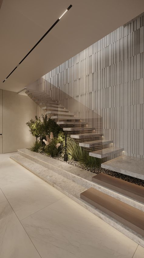 One Way Stairs Design, The Staircase Design, Stairs Interior Design Modern, Staircase Space Design, Luxury Home Stairs, Below Stairs Design, Staircase Design Interior, Living Stairs Design, Staircase Design With Plants