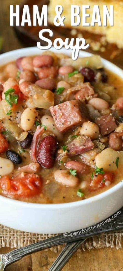 Ham and Bean Soup is one of our all time favorite foods to come home to on a chilly day. This "no-soaking required" Ham and Bean soup takes just minutes to prepare and cooks effortlessly in your Crock Pot all day long! Dinner is ready when you are! #spendwithpennies #slowcooker #crockpot #hamandbean #hamsoup #easyrecipe #easysoup #easylunch #easydinner Ham Bean Soup, Ham & Bean Soup, Ham And Bean, Crockpot Ham, Slow Cooker Ham, Vegetarian Soup Recipes, Comidas Fitness, Ham And Beans, Ham And Bean Soup