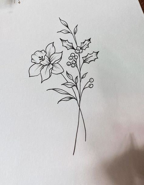 December Daughter Tattoo, Patchwork, Holly Flower Fine Line Tattoo, Cosmos And Holly Tattoo, March And December Birth Flower Tattoo Together, December Tatoos Ideas, Holly Fine Line Tattoo, Holly And Poppy Tattoo, Tattoo December Flower