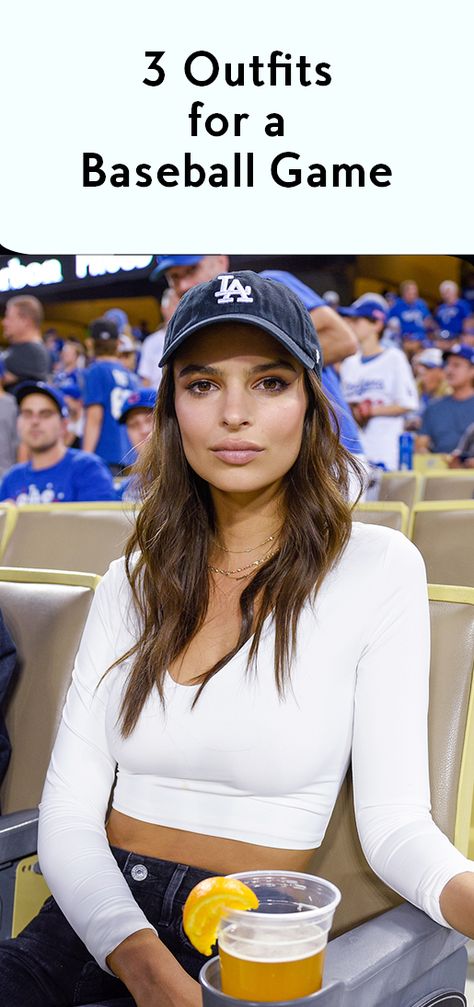 Hit a run home with these game day inspired outfits Dodgers Outfit, Baseball Cap Hairstyles, Cap Hairstyles, Emily Ratajkowski Style, Baseball Game Outfits, Dodgers Girl, Baseball Cap Outfit, Football Game Outfit, Cap Outfit
