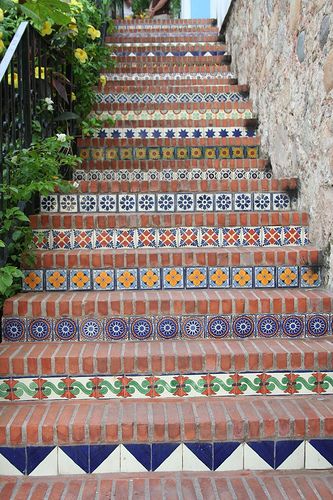 The steps up to Si Senor, a great (upscale) Mexican restaurant in downtown Puerto Vallarta. Mexican Tile Stairs, Tiled Staircase, Stairs Tiles, Tile Steps, Brick Steps, Patio Steps, Tile Stairs, Mexican Home, Outdoor Stairs