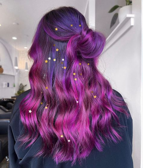 Balayage, Dimensional Vivid Hair, Split Dye Peekaboo, Vivid Balayage Hair, Pink To Purple Ombre Hair, Purple To Pink Ombre Hair, Purple To Pink Hair, Vibrant Ombre Hair, Fall Vivid Hair Color