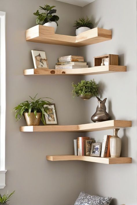 DIY project, corner shelves, stylish design, home decor Corner Shelves With Plants, Reading Corner With Floating Shelves, Corner Floating Shelves Dining Room, Feature Corner Wall, Bedroom Shelves Storage, Corner Picture Shelves, Lounge Room Storage, Corner Bedroom Shelves, Corner Space Decorating Ideas