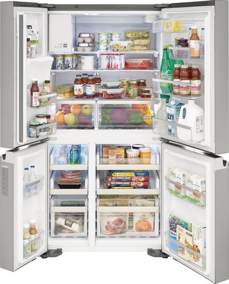 This Frigidaire four-door refrigerator offers the Custom-Flex Temp Zone, which converts from fridge to freezer, so you can store all your family favorites from yogurt to frozen pizza. It helps keep fruits and vegetables fresh longer with CrispSeal crispers with auto humidity, and it's easy to organize and clean with SpaceWise organization system and Smudge-Proof stainless steel. 4 Door Fridge, Four Door Refrigerator, 4 Door Refrigerator, Counter Depth French Door Refrigerator, Refrigerator Brands, Steel Counter, Frigidaire Gallery, Counter Depth Refrigerator, Stainless Steel Refrigerator