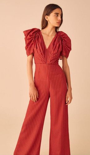 Monochrome jumpsuit with a twist in red color, deep v-neck, puff sleeves, and scattered white tiny dots. Jumpsuits For Women Indian, Indian Jumpsuit, Boho Style Jumpsuit, Jump Suits, Stylish Jumpsuit, Traditional Indian Outfits, Everyday Fashion Outfits, Mode Boho, Designer Jumpsuits