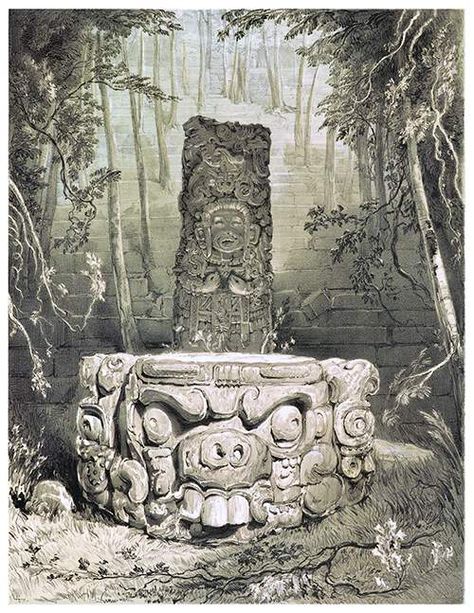 Idol and Altar at Copan – Old Book Illustrations Altar Drawing, Maya Pattern, Sacrificial Altar, Mayan Architecture, Old Book Illustrations, Human Features, Maya Ruins, Aztec Ruins, Ancient Pyramids