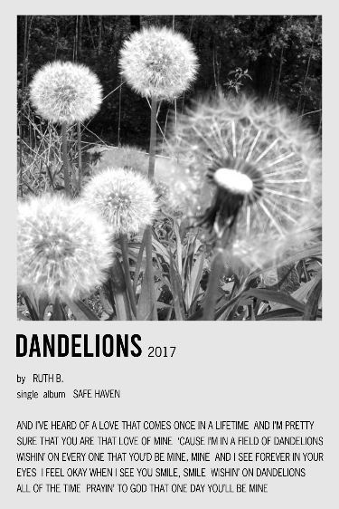 minimalistic polaroid song poster for music for dandelions by ruth b. Collage, Quotes, Dandelions Ruth B, Dandelions By Ruth B, Polaroid Song Poster, Ruth B, Song Poster, Once In A Lifetime, Dandelion