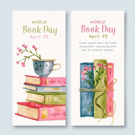 Watercolor world book day banners Free V... | Free Vector #Freepik #freevector #watercolor Creative Bookmarks Design Free Printable, Water Color Books, Watercolor Book Painting, Watercolor Books Painting, Books Watercolor, Watercolor Portrait Tutorial, Books Drawing, Book Watercolor, Book Drawings