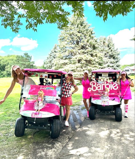 Barbie Golf Cart Theme, Women’s Golf Tournament Themes, Ladies Member Guest Golf Themes, Barbie Golf Cart, Ladies Golf Tournament Themes, Golf Barbie, Golf Cart Decorating Ideas, Squishmallow Birthday, Golf Cart Decorations