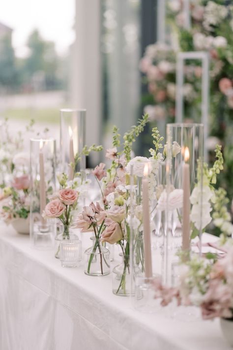 Rose Bridesmaids Dresses, Pastel Candles, Bud Vases Wedding, Dusty Pink Weddings, Pink Wedding Decorations, Pink And White Weddings, Light Pink Wedding, Pink Wedding Theme, Dusty Rose Wedding