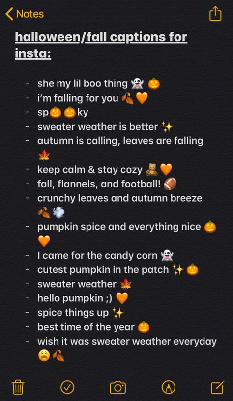 Things To Add To Your Insta Bio, Instagram Captions For Apple Picking, Simple Fall Pictures, Fall Pics Instagram, Halloween Bios For Instagram, Fall Quotes For Instagram Captions, Instagram Add Your Ideas, Notes Idea For Instagram, Instagram Captions For Halloween