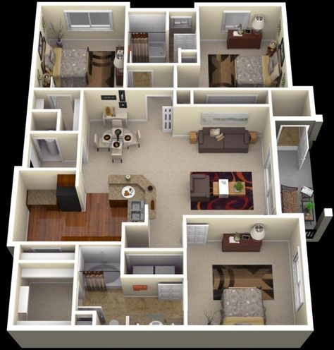 A three bedroom apartment with modern, unobtrusive decor makes for the perfect corporate suite or temporary housing for traveling executives. Reka Bentuk Dalaman, 3 Bedroom Floor Plan, Flat House, Construction Technology, Pelan Rumah, Three Bedroom House Plan, 3d House Plans, Apartment Floor Plan, Amazing Homes