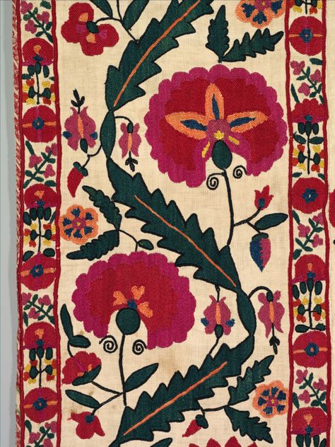 Central Asia, South West Uzbekistan, Shakhrisyabz, Plain weave: cotton, 6 strips; embroidery: silk Filling stitch: kanda xajol, occasionally bosma, outlining stitch: ilmoq, 89-1/2 x 70 in. Gift of John and Fausta Eskenazi in honor of Louise W. Mackie and in celebration of the museum’s centennial 2016.89 Mothers And Daughters, Floral Textile, Textile Pattern Design, Bed Curtains, Cleveland Museum Of Art, Floral Spray, Central Asia, South West, Plain Weave