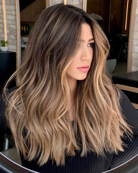 Brunette To Honey Blonde Balayage, Dark Base With Blonde Highlights, Brown Hair Blonde Ends, Amanda Batula Hair, Brown To Blonde Balayage Straight Hair, Warm Tone Balayage, Balayage Hair Dark Brown, Buttery Blonde Balayage, Blonde Balayage On Dark Hair