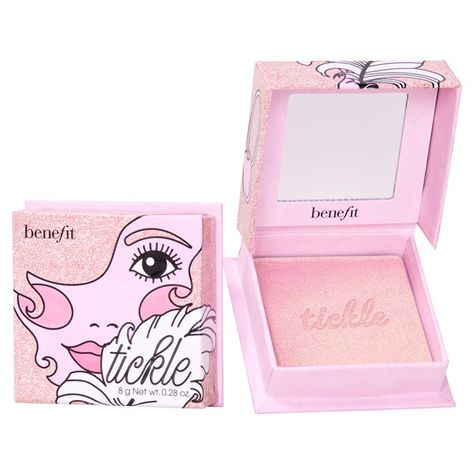 Tickle me pink! Amp up your radiance with an irresistible golden pink luster. This powder highlighter is superfine & buildable for a total gleam come true. Your cheeks will look luminous & tickled pink, so you can giggle as you glow! | Benefit Cosmetics Tickle Golden Pink Highlighter Benefit Cosmetics, Benefit Highlighter, Pink Highlights, Powder Highlighter, Makeup Items, Highlighter Makeup, Tickled Pink, Birthday Wishlist, Makeup Brands