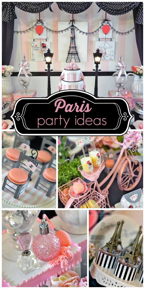 A lovely pink, black and white Paris themed girl birthday party with macarons and an amazing backdrop!  See more party ideas at CatchMyParty.com! Black And White Paris, French Party, Parisian Party, Paris Birthday Parties, Parisian Theme, Paris Theme Party, Paris Birthday, Paris Themed, Party Deco