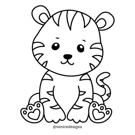 Baby Tiger Cartoon Outline Clip Art Cute Animal Outlines, Cute Tiger Drawing Easy, Cartoon Sloth Drawing, Cartoon Tiger Tattoo, Tiger Easy Drawing, Simple Tiger Drawing, Zoo Animals Drawing, Tiger Drawing Easy, Cute Tiger Drawing