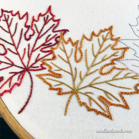 Even Stitch Embroidery Design, Maple Leaf Embroidery Pattern, Back Stitch Embroidery Design Motifs, Y Stitch Embroidery Design, Fall Leaf Embroidery, Autumn Embroidery Designs, Autumnal Embroidery, Autumn Embroidery Patterns, Back Stitch Embroidery Design