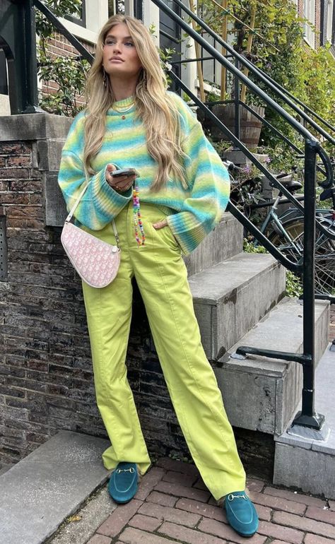 Vibrant Outfits Aesthetic, Classy Bright Outfits, Fun Pants Outfit Street Styles, Colourful Clothing Aesthetic, Dopamine Outfits Aesthetic, Comfy Colorful Outfits, Colourful Spring Outfits, Colourful Office Outfits, Dopamine Dressing Summer